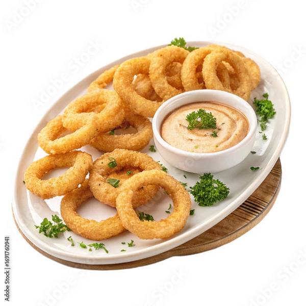 Fototapeta Crispy onion rings with dipping sauce on transparent background for fast food branding