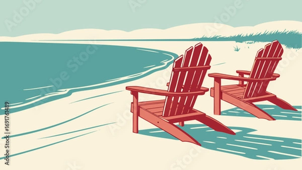 Fototapeta Two adirondack chairs on a sandy beach by the ocean