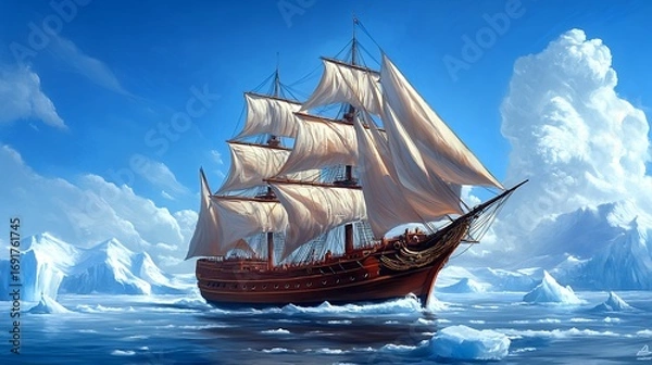 Obraz Sailing Ship Amidst Icebergs Under a Sunny Sky