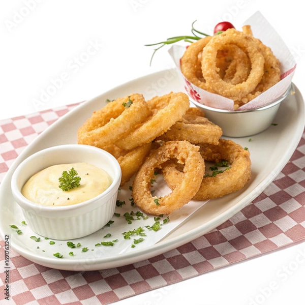 Fototapeta Crispy onion rings with dipping sauce on transparent background for fast food branding