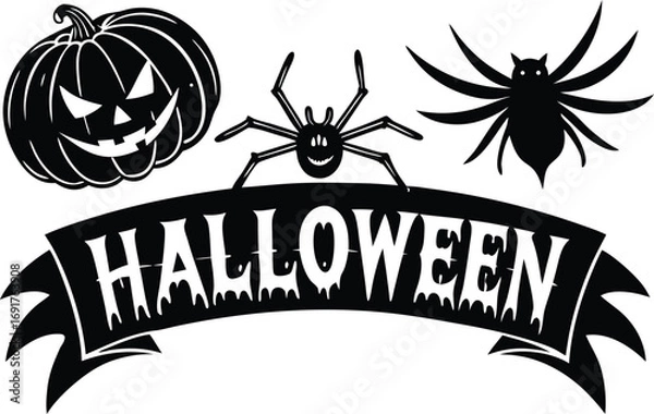 Obraz Halloween vector art of halloween themed illustration showcasing a grinning pumpkin, a spider, and a larger spider, all above a banner with the word halloween in a dripping font