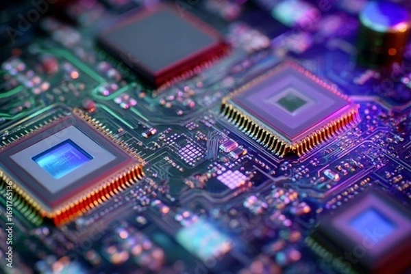 Fototapeta A green computer motherboard, with a close-up macro shot of its intricate circuitry, chips, and electronic components