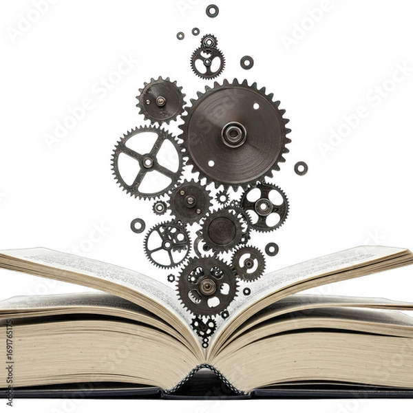 Fototapeta Open Book with Metal Gears Rising from Pages on Black Background Detailed Image of a Vintage Book with Intricate Cogwheels Emerging from its Center