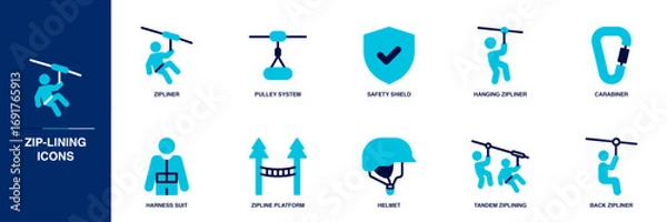 Fototapeta Zip-lining Blue Colored Outline Icon Set