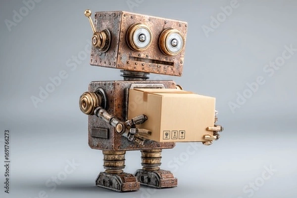 Fototapeta A retro toy robot with a camera lens and black film equipment, isolated on a white background