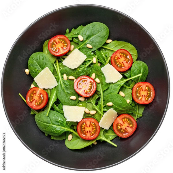 Fototapeta Overhead View of a Fresh Green Salad with Cherry Tomatoes Parmesan Cheese and Pine Nuts on a Dark Plate