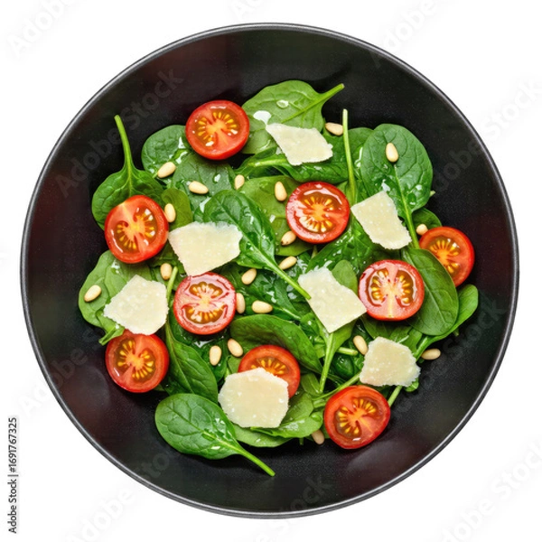 Fototapeta Overhead View of a Fresh Spinach Salad with Cherry Tomatoes Parmesan Cheese and Pine Nuts in a Dark Bowl on a Transparent Background