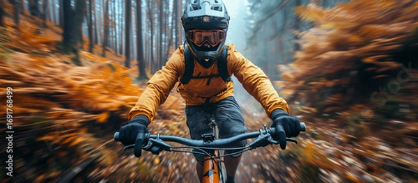 Fototapeta Mountain biker in autumn forest.