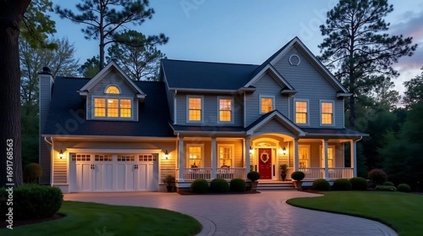 Fototapeta Elegant two story suburban home with warm interior lighting and a winding driveway at dusk surrounded by trees