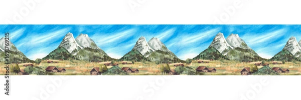 Fototapeta Watercolor Alpine mountains rural landscape seamless border. Zugspitze with blue sky and Cabins on hills and fields pattern. German Bavarian traditional landmark. Isolated from background illustration