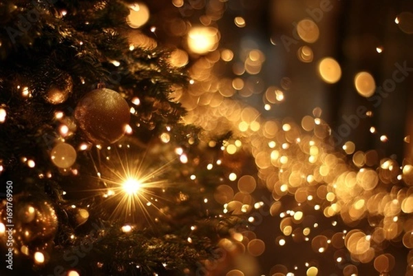 Fototapeta Golden, sparkling Christmas lights create a festive and bright holiday background with a festive bokeh effect