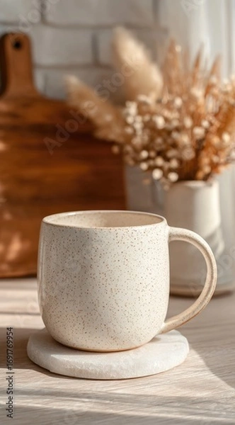 Obraz Cream-colored mug on marble coaster, sunlight