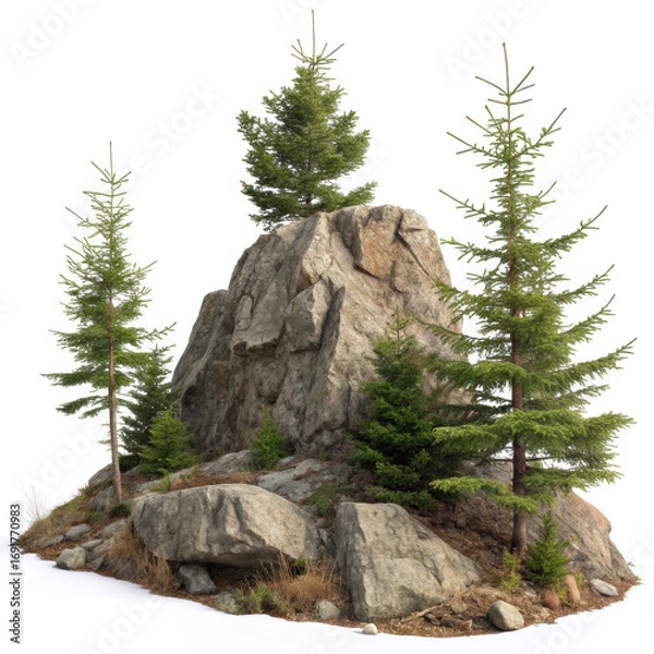 Fototapeta Rugged stone rock formation with small fissures and weathered surface, geological texture isolated on white background. PNG