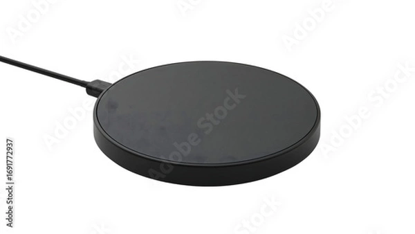 Fototapeta Black wireless charging pad with usb cable isolated on the transparent background for modern smartphone device charging convenience