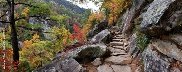 Obraz Autumnal mountain trail with colorful foliage and stone steps