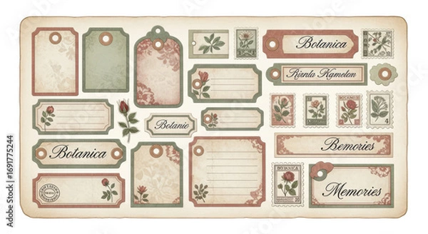Fototapeta Vintage Botanical Ephemera Sheet - Printable Junk Journal Kit with Tags, Labels, and Stamps for Scrapbooking