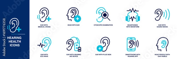 Fototapeta Hearing Health Blue Colored Outline Icon Set