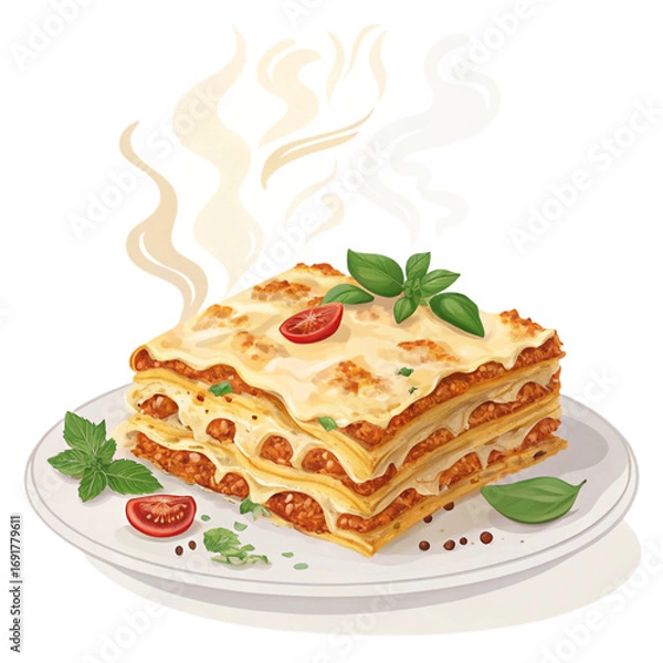 Fototapeta Delicious lasagna slice with melted cheese layers on transparent background for Italian restaurant branding