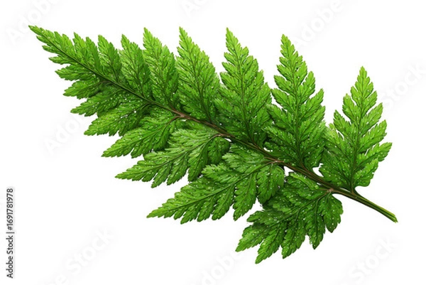 Fototapeta Vibrant green fern leaf with intricate patterns and fresh droplets of water.