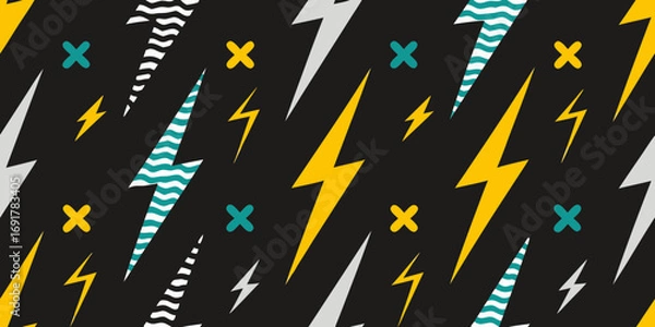 Fototapeta Dynamic abstract pattern featuring yellow teal and white lightning bolts on a black background with scattered crosses
