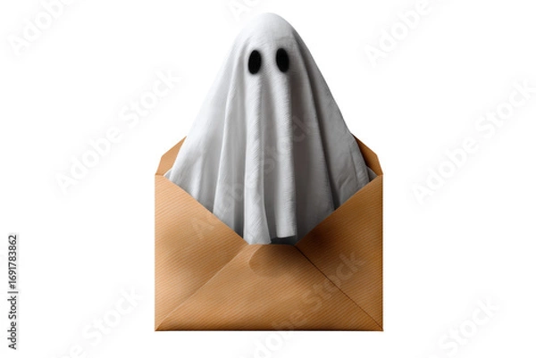 Fototapeta A Halloween ghost emerging from an envelope, isolated on a transparent background.