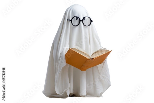 Fototapeta A Halloween ghost wearing round glasses and reading a book, isolated on a transparent background.
