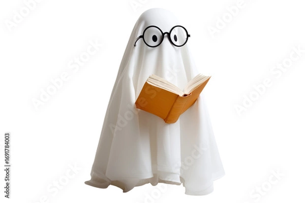 Fototapeta A Halloween ghost wearing round glasses and reading a book, isolated on a transparent background.