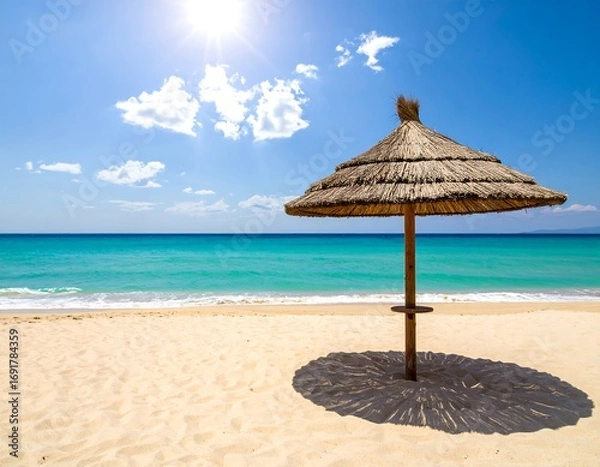 Fototapeta Beach scene with straw umbrella