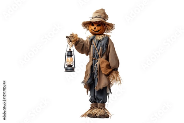 Fototapeta A Halloween scarecrow holding a lantern in one hand, isolated on a transparent background.