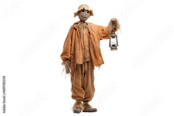 Fototapeta A Halloween scarecrow holding a lantern in one hand, isolated on a transparent background.