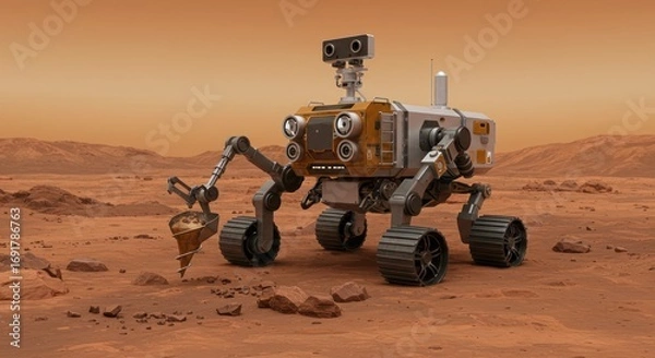 Fototapeta Robotic Mars Rover Exploring Red Planet Landscape in Desert Tone