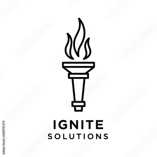 Fototapeta A minimalist line art illustration of a torch with a flame, above the words "IGNITE SOLUTIONS".