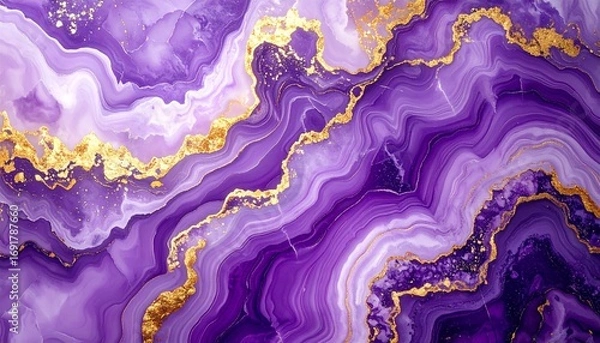 Fototapeta Luxurious purple agate background with shimmering gold veins and marble texture