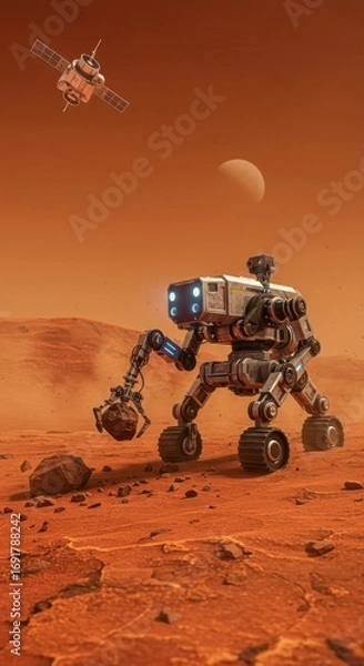 Fototapeta Robotic Mars Rover Exploring Red Planet Surface with Satellite and Moon in Background