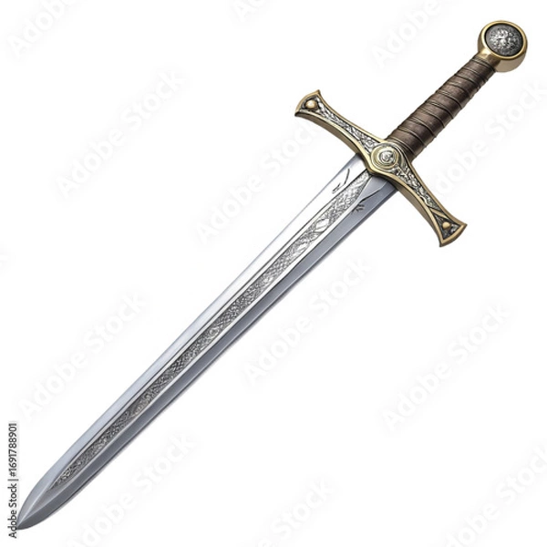 Fototapeta Realistic knight sword with shiny steel blade on transparent background for medieval posters, gaming graphics, and adventure branding