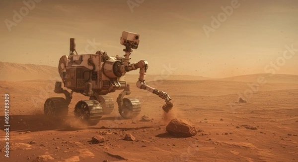 Fototapeta Robotic Mars Rover Exploring Red Planet Surface with Dust and Rocks in Desolate Landscape