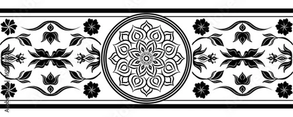 Fototapeta Floral ornament seamless pattern with vintage retro round frame