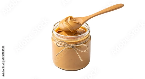 Fototapeta Creamy peanut spread in a glass jar with a wooden spoon isolated on transparent background