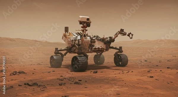 Fototapeta Robotic Mars Rover on Red Planet Surface with Rocky Terrain and Dusty Atmosphere