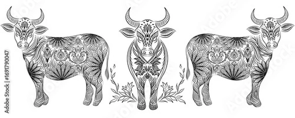 Fototapeta a cute isolated bull on a white background with a horn