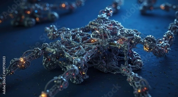 Fototapeta Robotic Star Shape Made of Mechanical Gears and Circuits with Glowing Lights on Dark Surface