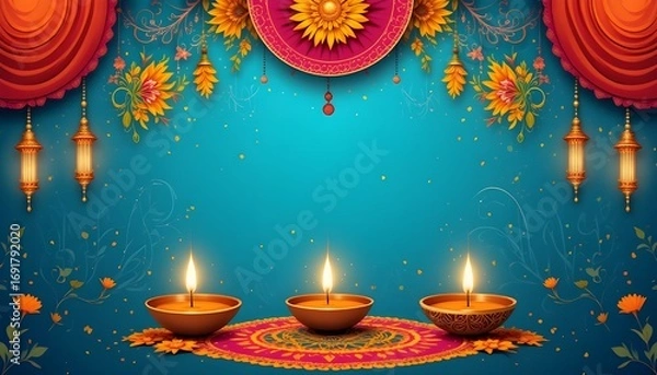 Fototapeta Indian festival invitation with diya lamps, rangoli patterns, and bright marigold designs
