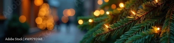 Obraz Warm glowing lights entwined in fragrant pine boughs, holiday scene , evergreen, illumination, festive