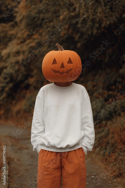 Fototapeta A person wearing a white sweatshirt mockup, orange pants, and a pumpkin head mask for Halloween
