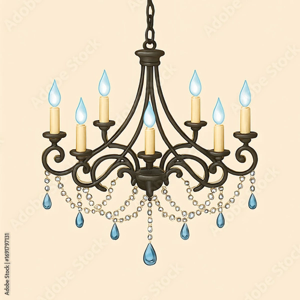 Obraz Ornate Black Chandelier with Candle Lights and Blue Crystals graphic isolated on a transparent background
