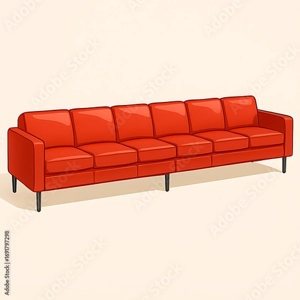 Obraz Long Red Leather Sofa with Six Cushions and Black Legs on Light Background couch isolated on a transparent background