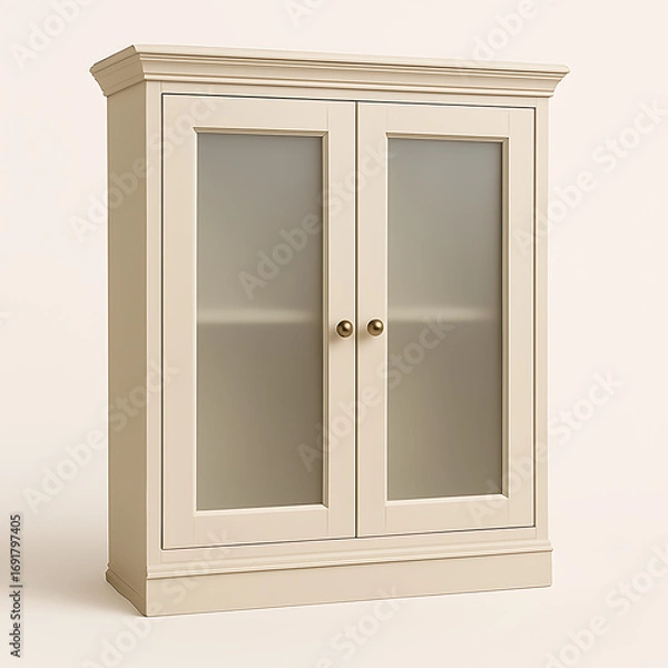 Obraz Cream Colored Cabinet With Frosted Glass Doors And Brass Knobs cupboard furniture isolated on a transparent background