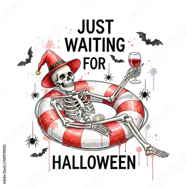 Fototapeta Spooky skeleton wearing a witch hat relaxing in a life preserver with a glass of wine isolated on transparent background