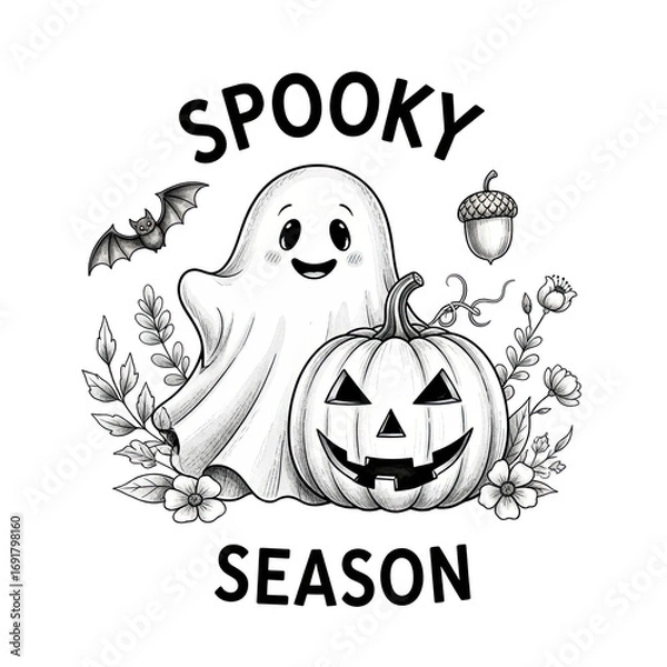 Fototapeta Whimsical hand drawn illustration of a cute friendly ghost and a carved pumpkin isolated on transparent background