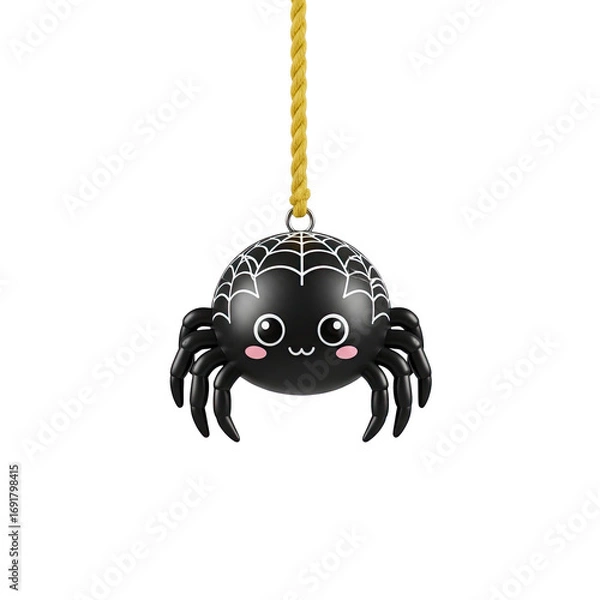 Fototapeta Cute cartoon black spider ornament with big eyes hanging on a golden string isolated on transparent background